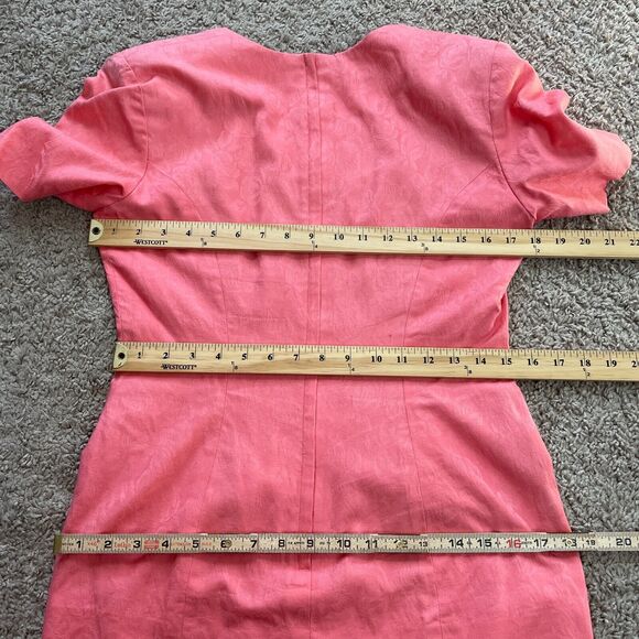 Vintage 80s Dress Size 8 Pink Coral Drop Waist Minimal Secretary Cocktail Retro - Picture 13 of 16